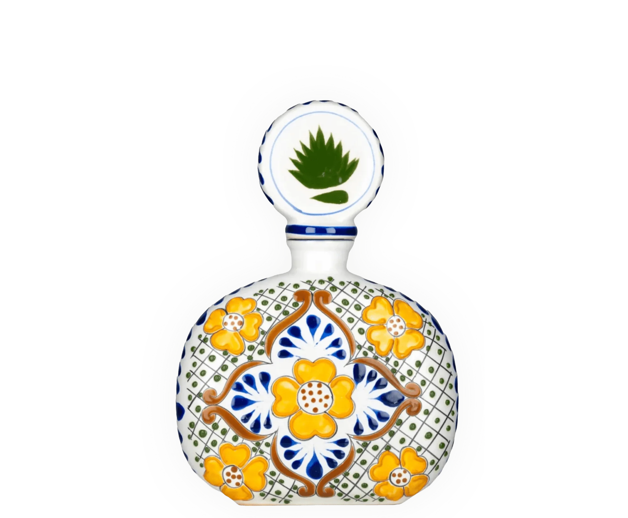Colorful decorative tequila bottle with floral motifs.