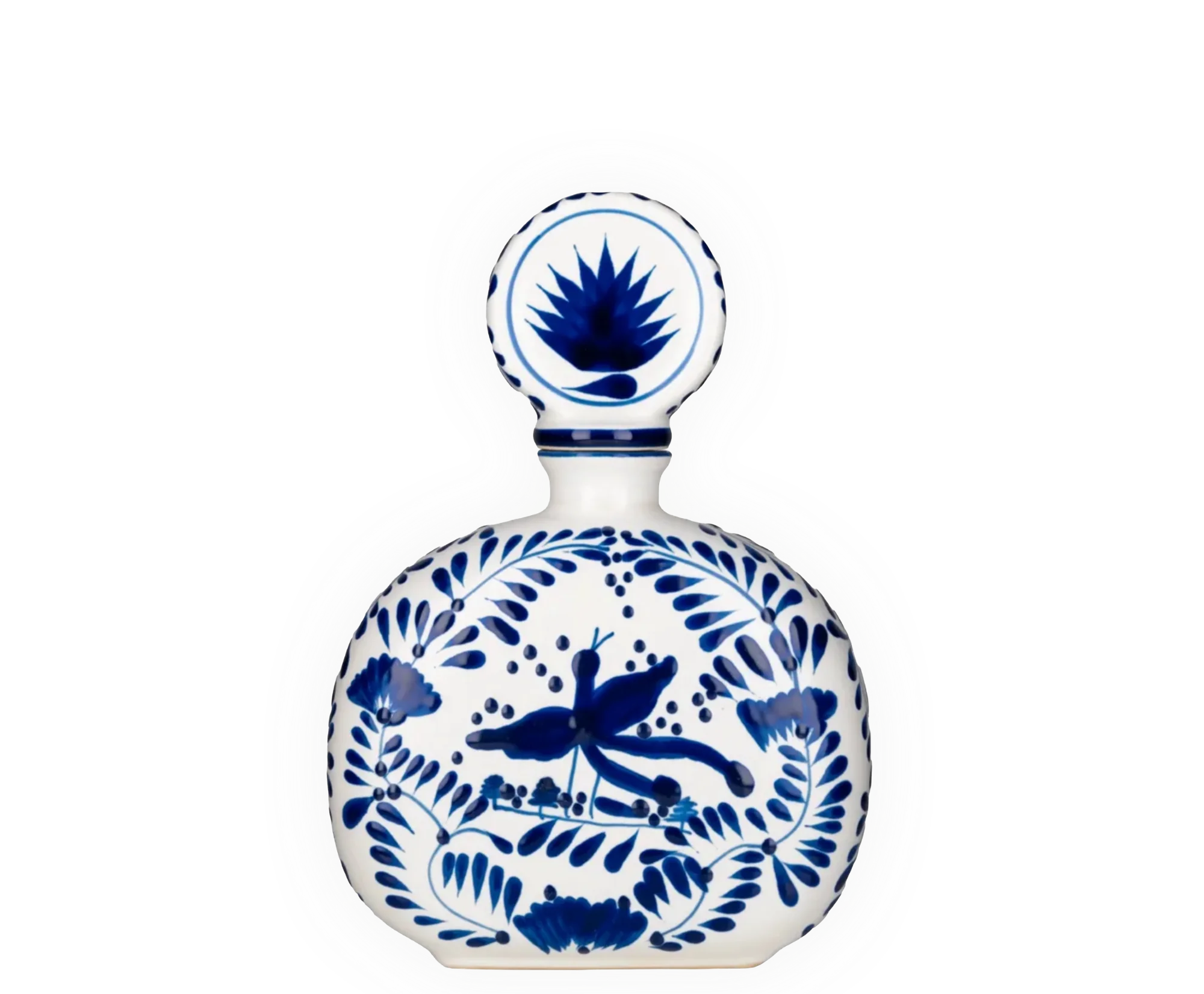Elegant blue and white decorative tequila bottle.