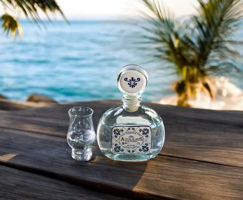 Clear liquor bottle and glass on wooden table