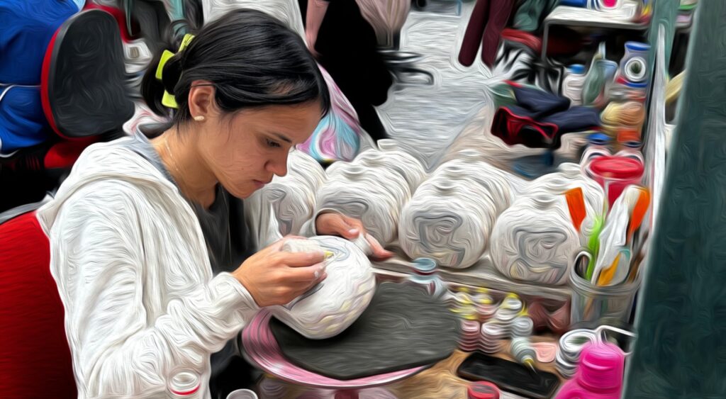 Woman painting decorative bowls at craft table